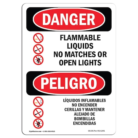 Signmission Safety Sign, OSHA Danger, 18" Height, Rigid Plastic, Flammable Liquids No Matches Spanish OS-DS-P-1218-VS-1241